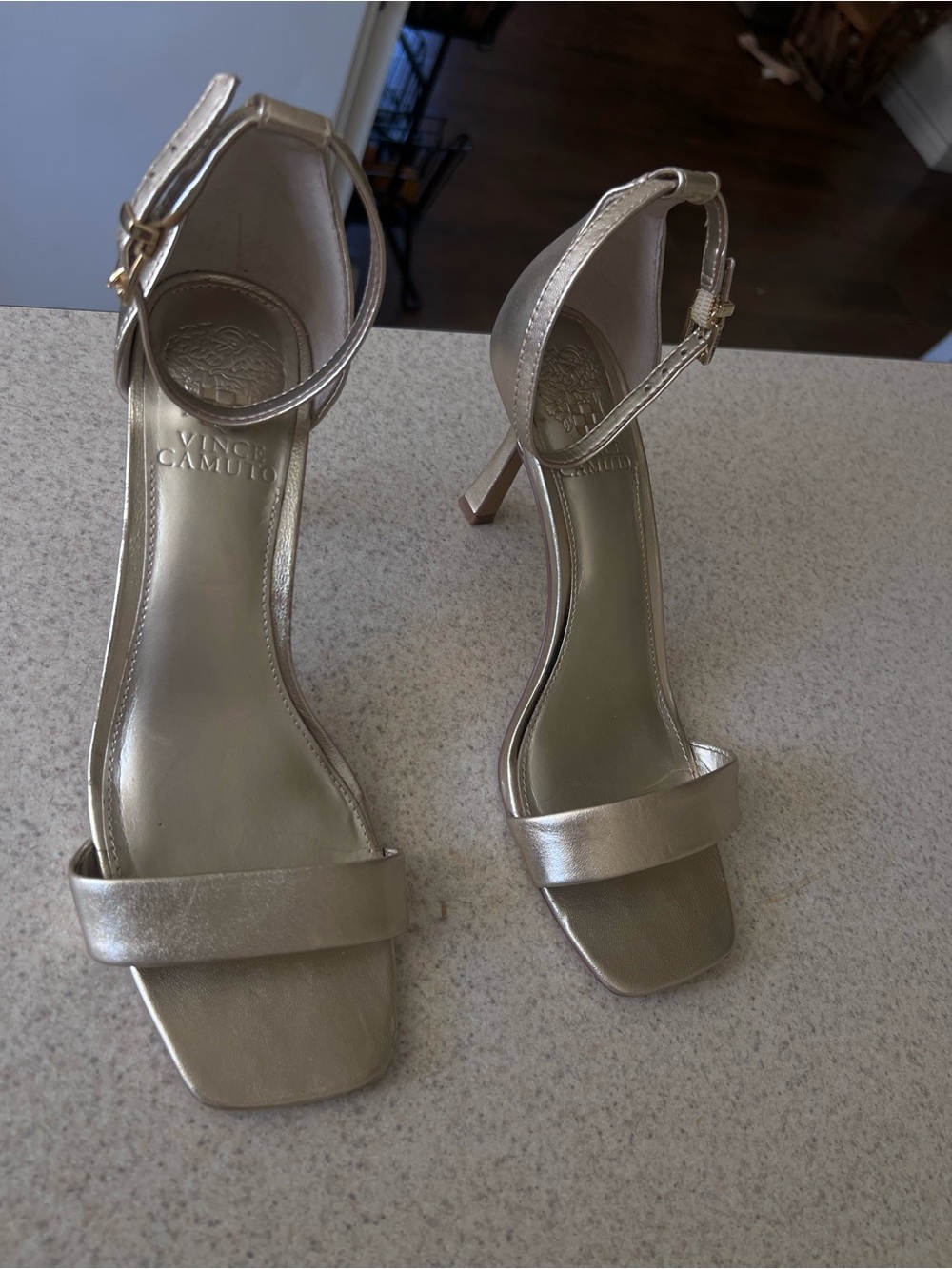 Vince Camuto Gold Metallic Ankle-Strap Stiletto Sandals